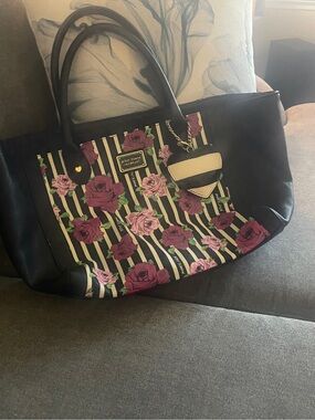 Betsey Johnson Black Tote with Pink Floral Stripe Panel